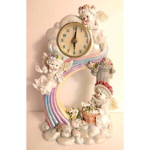 Vintage Cherub & Angel Rainbow Wall Clock With Floral Accents Clock Works READ